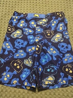 Bugle Boy Navy Blue Swim Trunks with Bright Blue and Yellow Skull Print